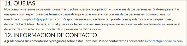datos de contacto y atención al cliente de appdinero